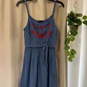 Embroidered Blue Dress with Red Floral Design